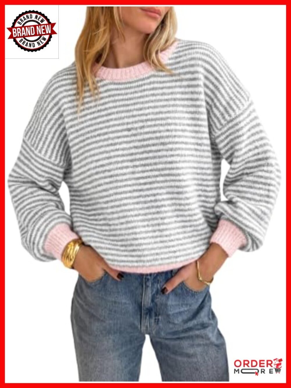 Loose Fit Color Block Striped Knit Pullover Sweater Crewneck Long Sleeve